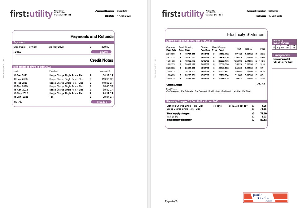 United Kingdom First gas and electricity utility bill in Word and PDF formats, 6 pages.